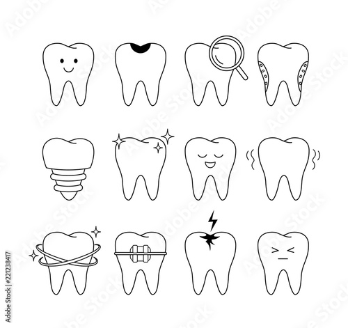 Tooth icons set. outline style. different facial expressions. Dental care concept. Vector illustration isolated on white background.