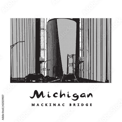 Mackinac Bridge - famous architectural construction in Michigan. Beautiful vector illustration of a long steel suspension bridge, architecture located in North America.