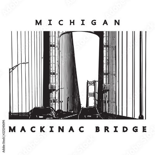 Mackinac Bridge - famous architectural construction in Michigan. Beautiful vector illustration of a long steel suspension bridge, architecture located in North America.