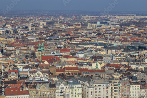 Budapest Aerial panorama many roofs of historic buildings on the banks of the Don with docks for pleasure craft. Hungary Budapest March 2018 © Ruslan Gilmanshin