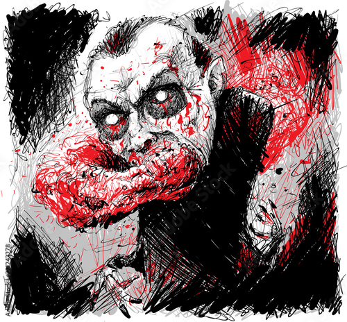 A terrifying vampire creature spewing a horrifying cloud of blood from it's mouth.