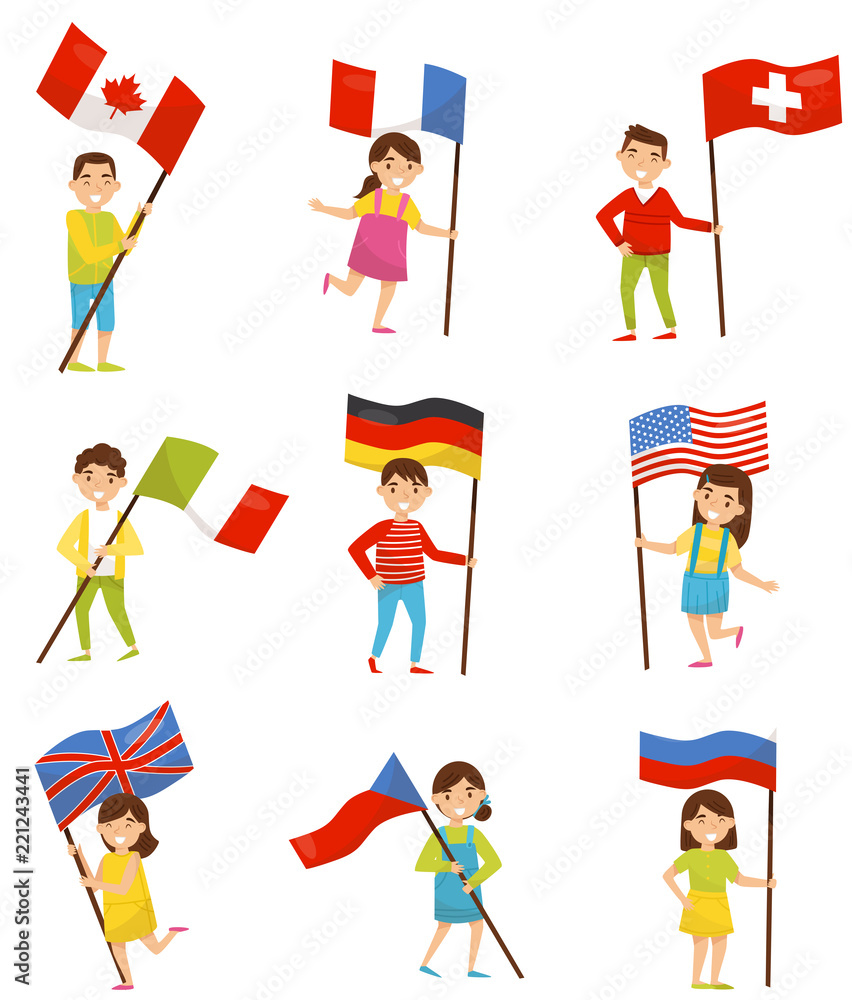 Children with national flags of different countries, holiday design elements for Independence Day, Flag Day vector Illustrations on a white background Children with national flags of different countries, holiday design elements for Independence Day, Flag Day vector Illustrations on a white background