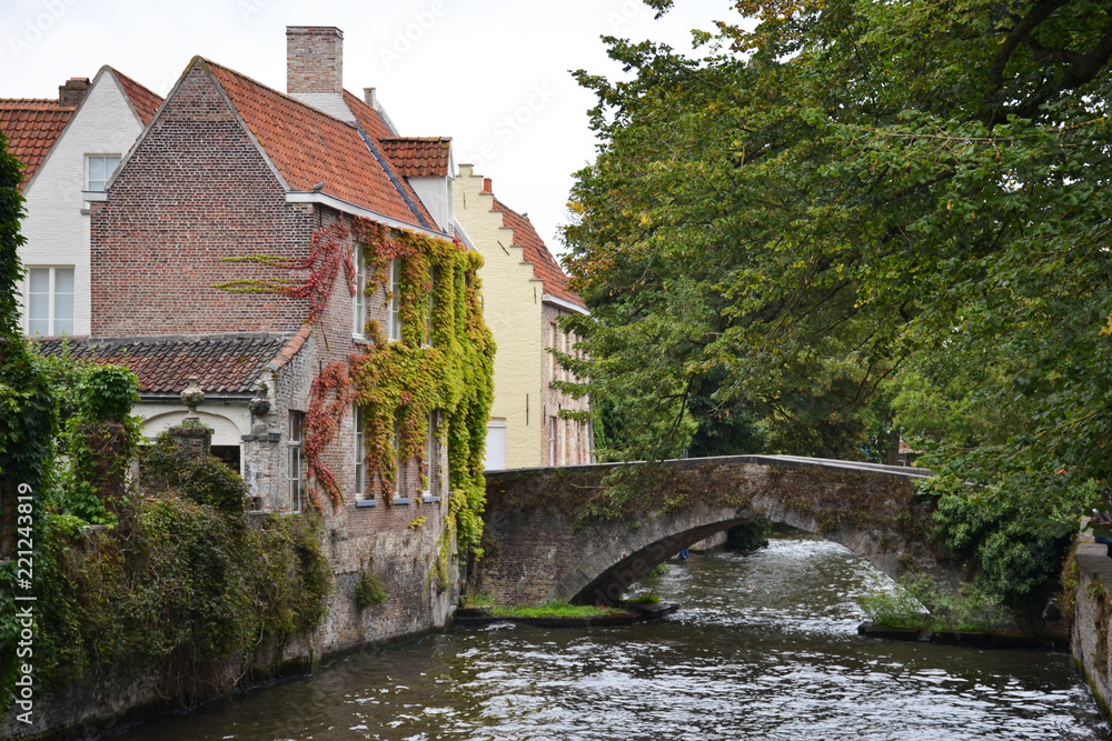 Old building and canals in the city of Bruges, Belgium