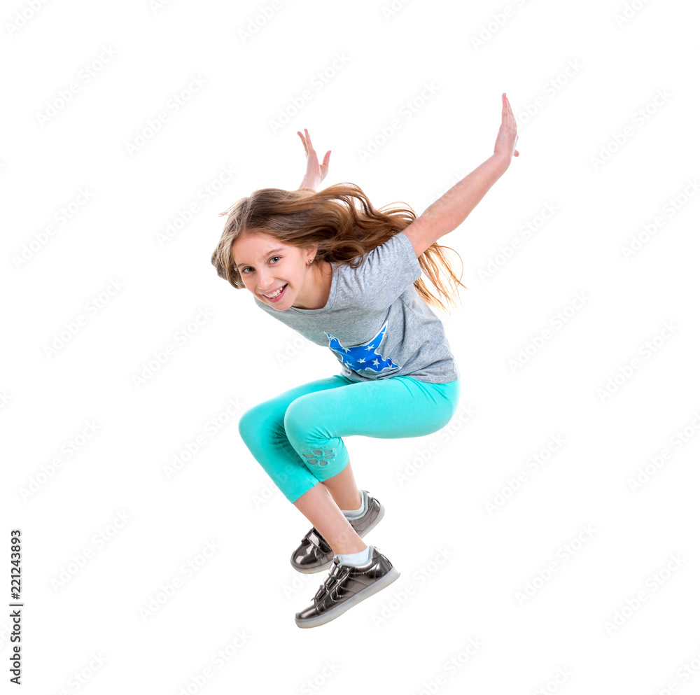 long-haired active girl dancing, isolated long-haired active girl dancing, isolated