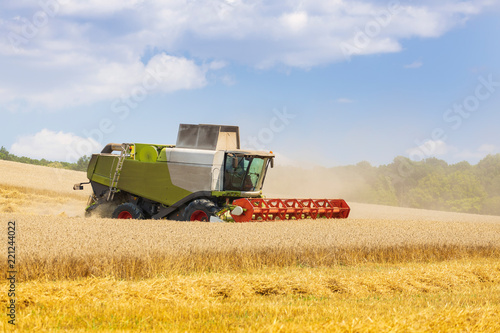 modern harvester during harvest of wheat on sunny day
