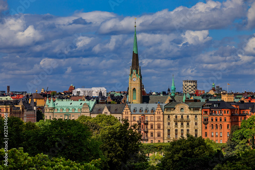 View onto traditional gothic buildings and Oscarskyrkan or Oscar's Church in Stockholm Sweden