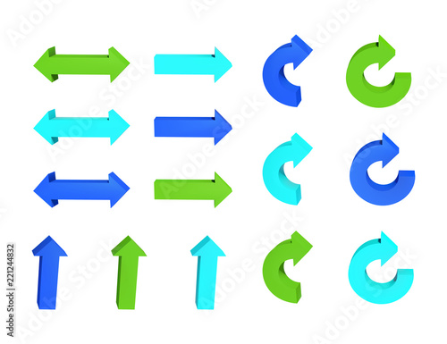 Set of arrows. Threedimensional. Green and blue color. Vector illustration