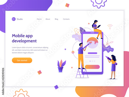 The development team creates a mobile application. Web banner design template. Flat vector illustration.