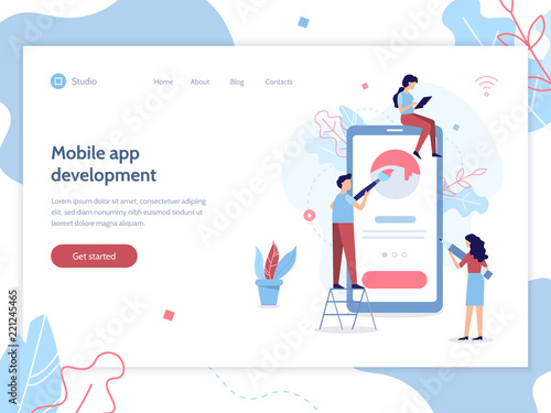 Team of developers construct mobile app. UI UX design. Flat vector illustration.
