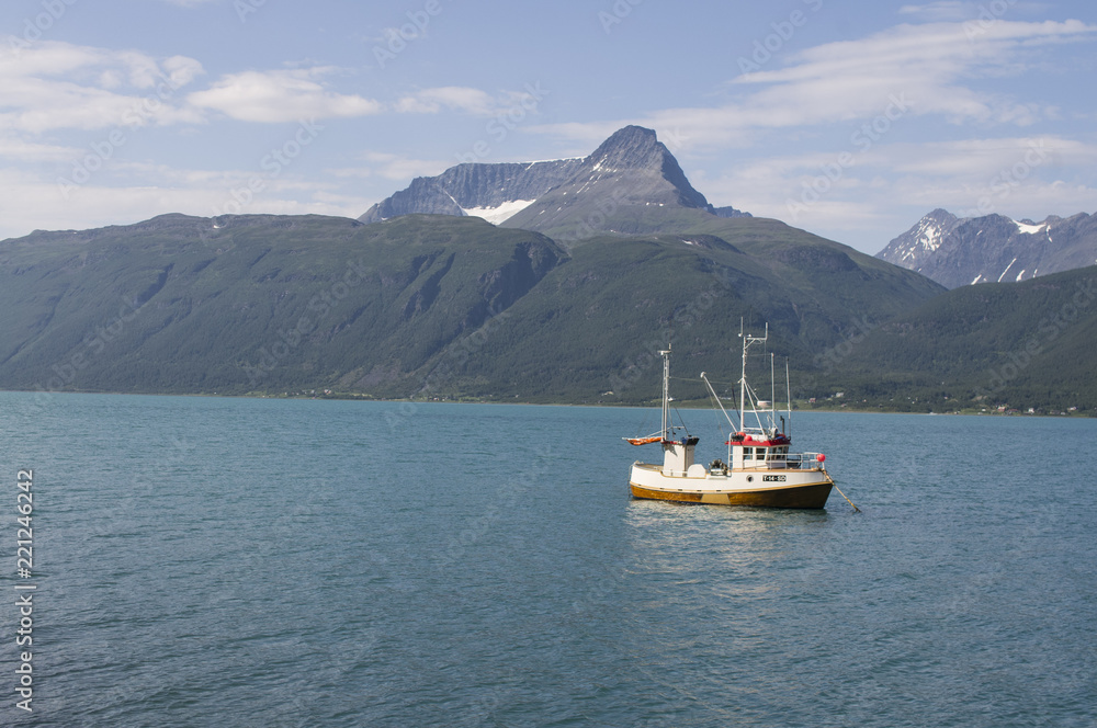 ship on a background of mountains