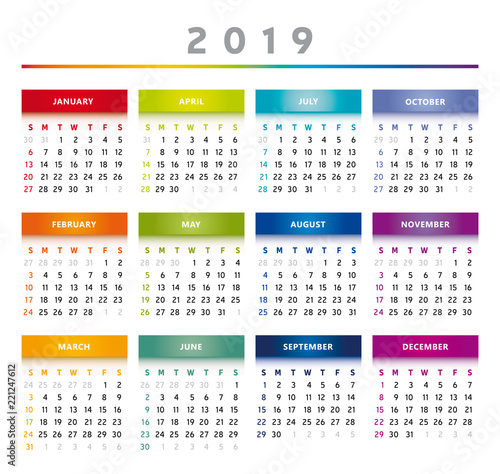 Calendrier 2019 en Anglais - Couleurs Arc-en-Ciel Format 4 Trimestres