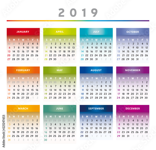 Calendrier 2019 en Anglais - Couleurs Arc-en-Ciel Format 4 Trimestres