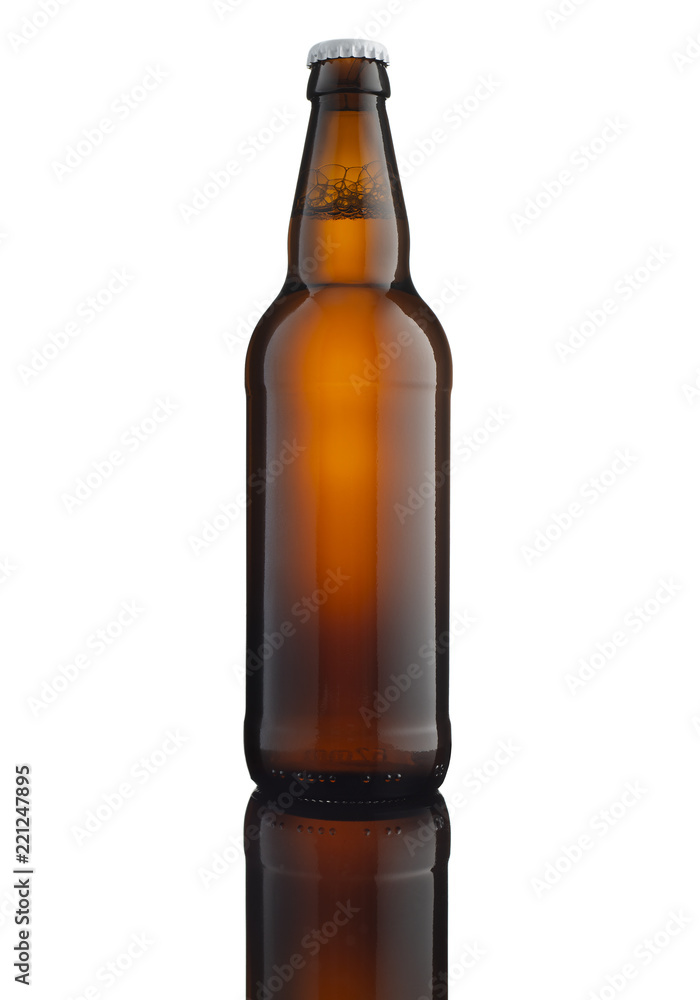 Brown beer bottle with white cap on white background