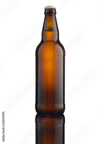 Brown beer bottle with white cap on white background (ID: 221247895)