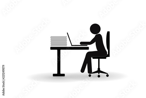 Illustration of tired man working on computer on gray background