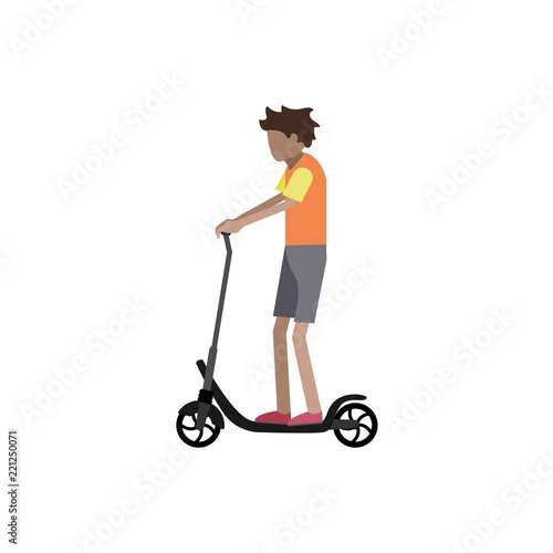 Young boy on electric scooter in flat style.