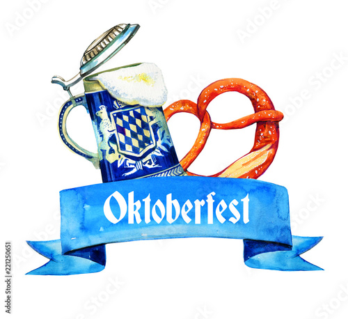 Hand drawn watercolor illustration for oktoberfest with bavarian beer ceramic mug and brezel