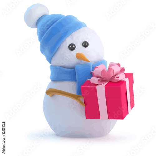 Vector 3d Snowman has a Christmas gift