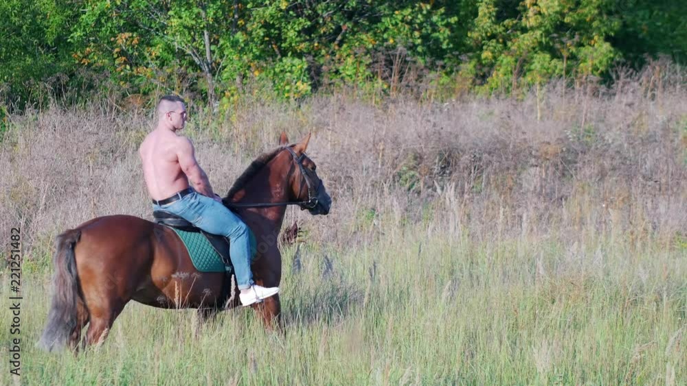 Athletic man with bare torso in denim pants and sunglasses riding a horse brown color walking on the field Athletic man with bare torso in denim pants and sunglasses riding a horse brown color walking on the field