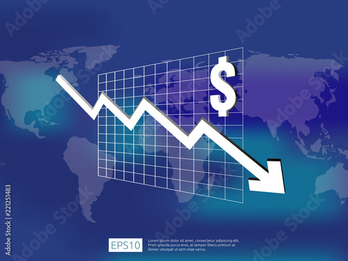 dollar money fall down symbol with world map and blur background. arrow decrease economy stretching rising drop. Business loss crisis decrease illustration. cost reduction bankrupt vector