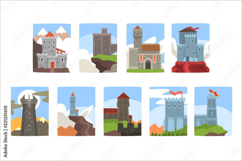 Ancient castles and fortresses set, medieval architecture landscape