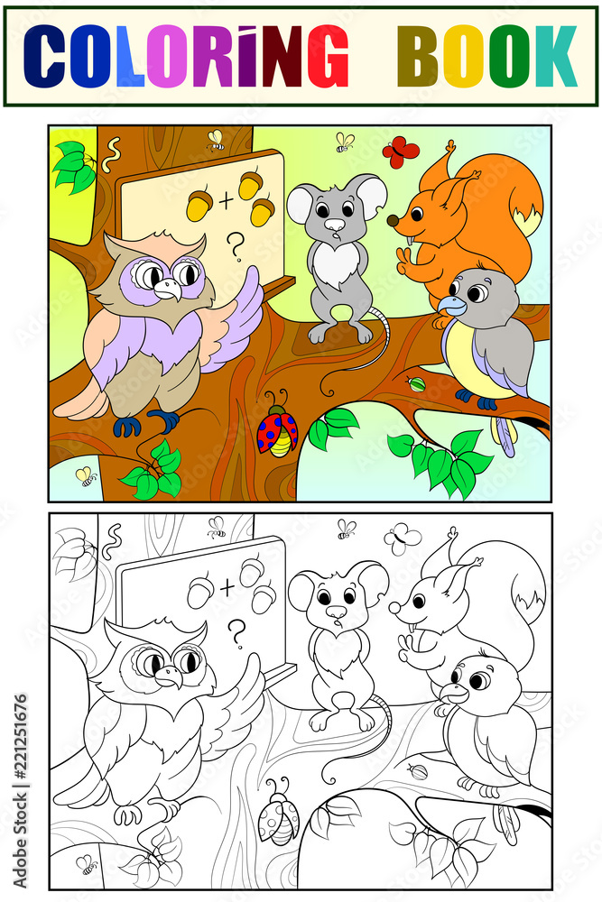 Lesson in the school of an owl in the woods coloring and color book for children cartoon raster illustration