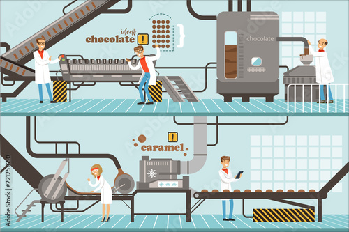 Process of caramel and chocolate production set of horizontal colorful banners