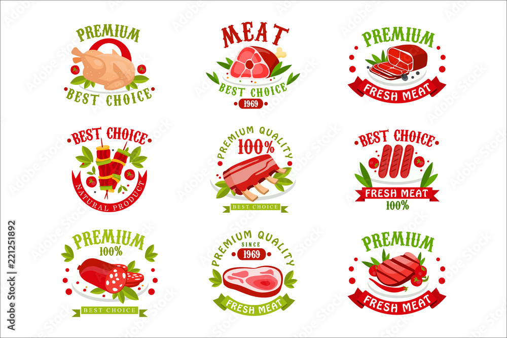 Premium quality fresh meat logo templates set, best choice since 1969 badge vector Illustrations