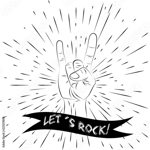 Sign of the horns scetch. Comics cartoon style. With an inscription: let's rock