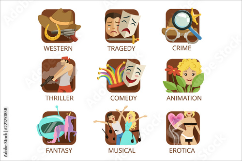 Movie genres set, crime, comedy, animation, western, tragedy, thriller, fantasy, musical, erotica colorful vector Illustrations