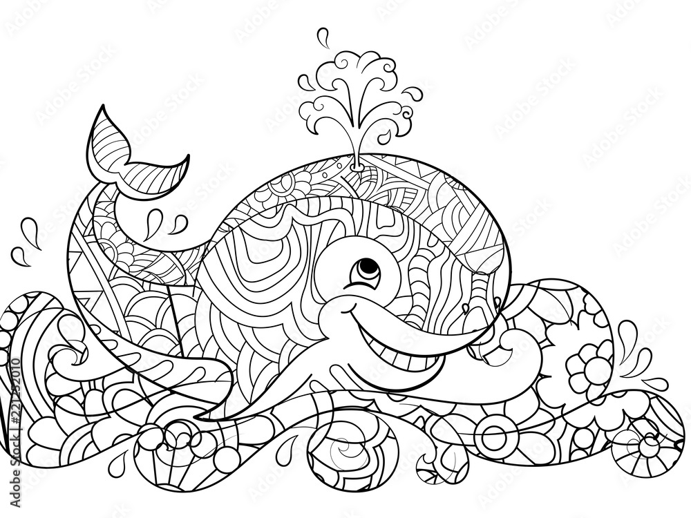 Fototapeta premium Antistress coloring whale on the waves. Scribbles, black lines, pattern, white background. Big fish in water raster