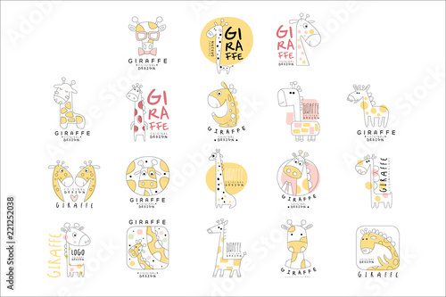Cute little giraffe logo template original design set, vector Illustrations can be used for baby or toys shop, kids club