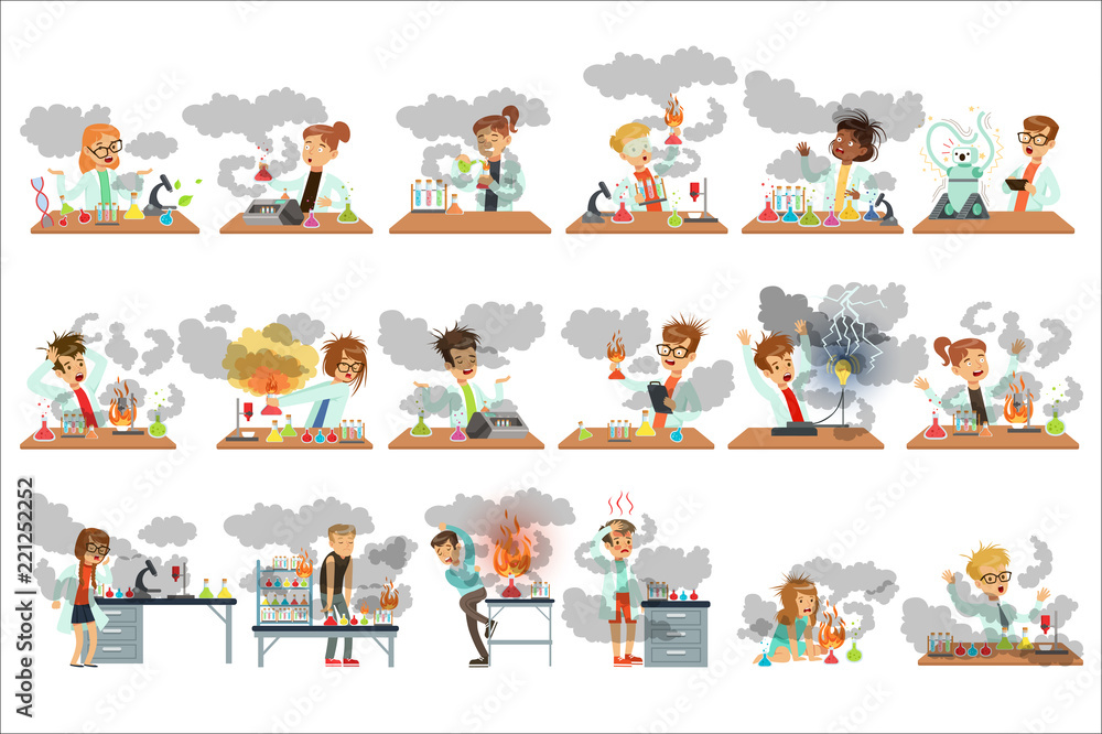 Kid chemists characters posing in different situations looking dirty after failed chemical experiments set of vector Illustrations