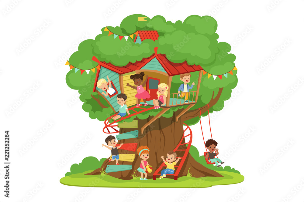 Children playing and having fun in the treehouse, kids playground with ...