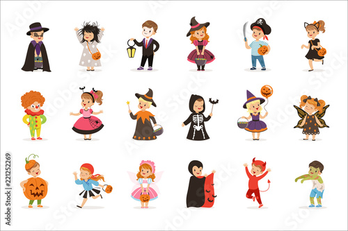 ute little kids in colorful halloween costumes set, Halloween children trick or treating vector Illustrations