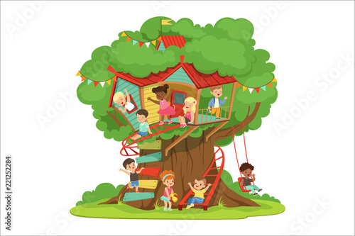 Children playing and having fun in the treehouse, kids playground with swing and ladder colorful detailed vector Illustration