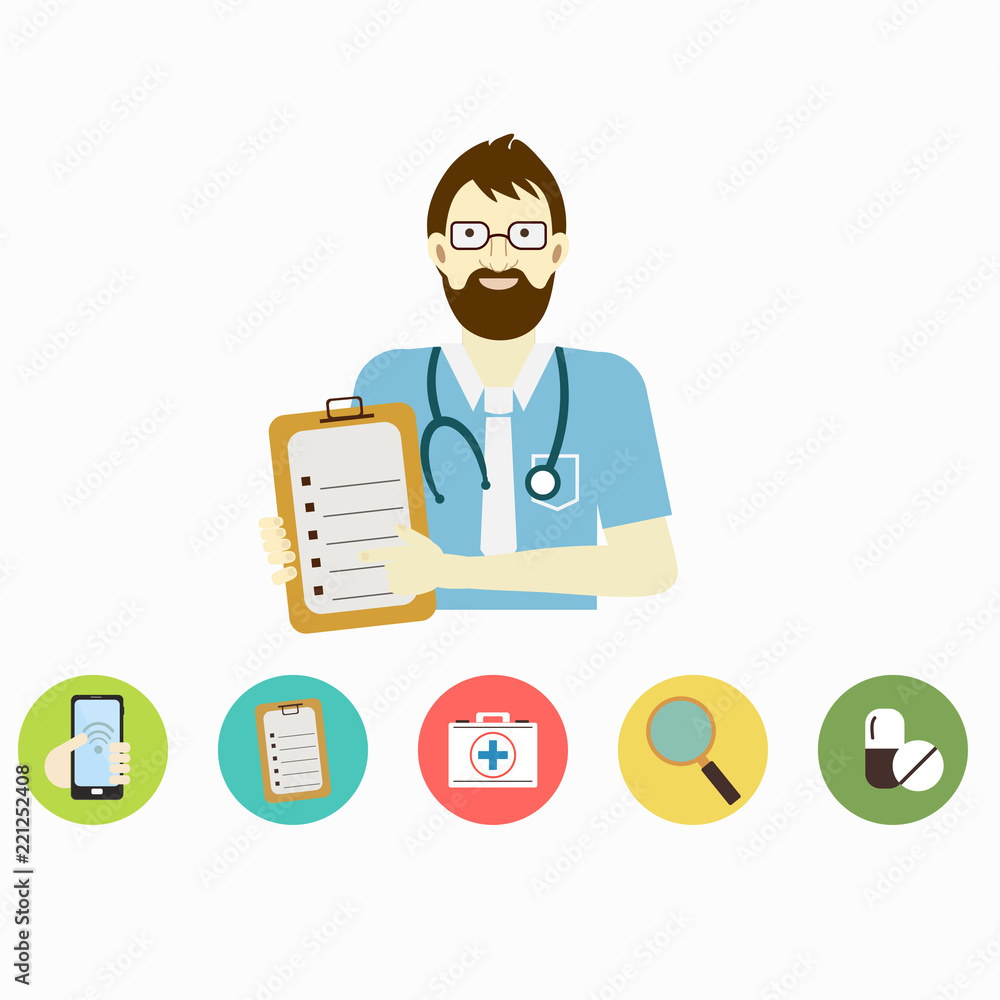 Male doctor. Infographic step for patients call the doctor  in hospital. Vector illustration.