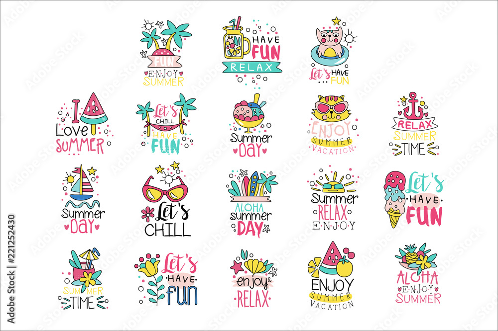 Cute summer labels set, enjoy summer vacation hand drawn colorful vector Illustrations