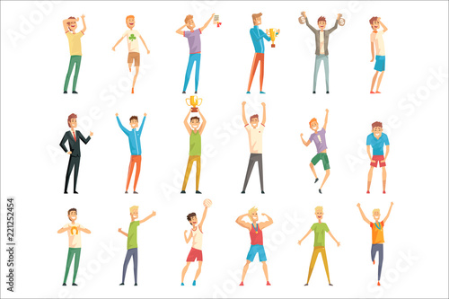 Successful men in casual and sportswear enjoying their luck set, young men standing and jumping with joy vector Illustrations