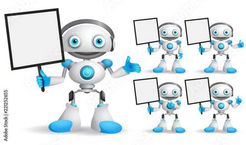White robot vector character set standing while holding blank placard for text and technology information for design presentation. Android mascot vector illustration.
