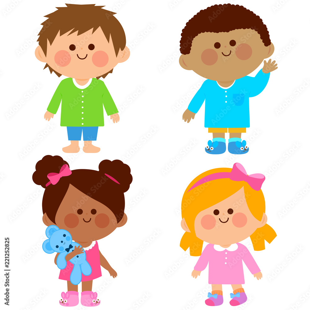 Little children, girls and boys in their pajamas. Vector illustration Little children, girls and boys in their pajamas. Vector illustration