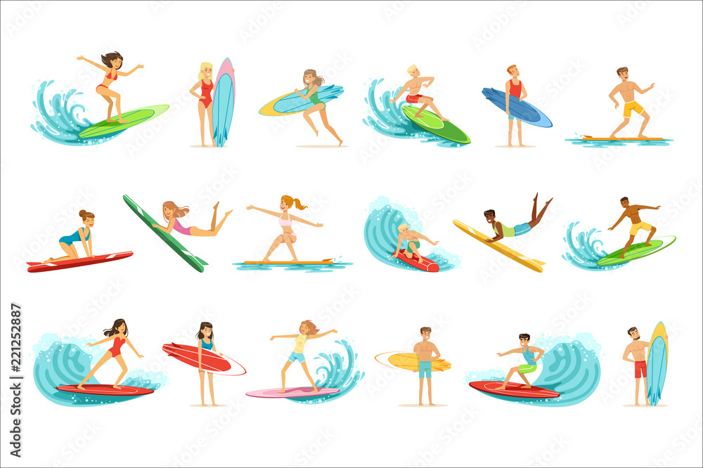 Surfboarders riding on waves set, surfer men with surfboards in different poses vector Illustrations Surfboarders riding on waves set, surfer men with surfboards in different poses vector Illustrations