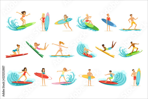 Surfboarders riding on waves set, surfer men with surfboards in different poses vector Illustrations