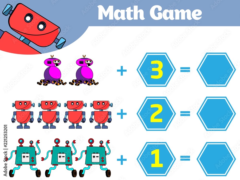 Fototapeta premium Mathematics educational game for children. Learning subtraction worksheet for kids, counting activity. Vector illustration Robot