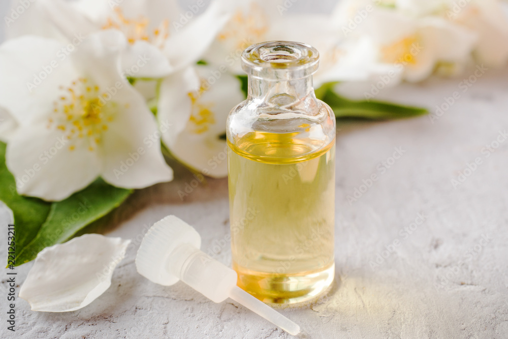 Jasmine oil. Aromatherapy with Jasmine oil and soap. Jasmine flower Stock  Photo