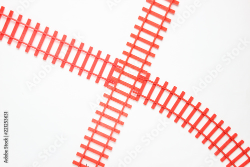 toy railroad tracks on white background. Top View. photo