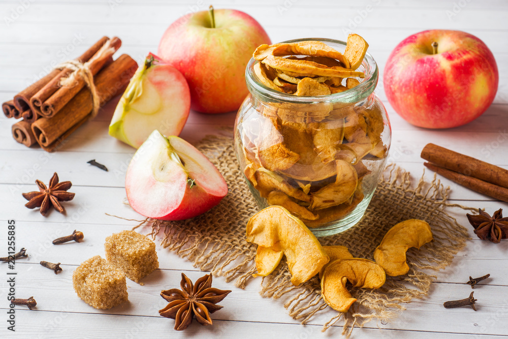 Apples are fresh and dry with spices. Cinnamon sticks, star star anise star and cloves.