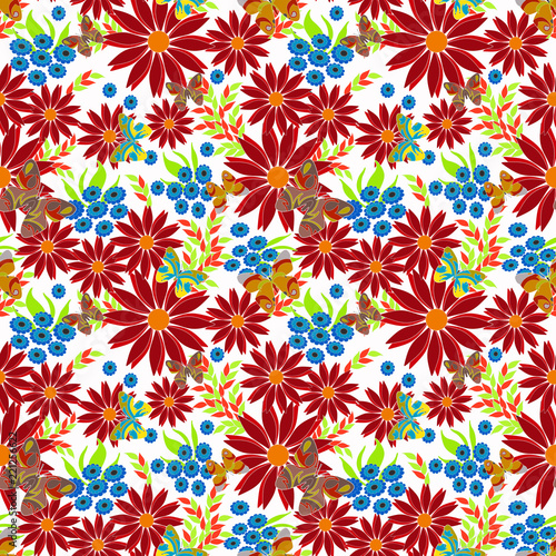 Seamless retro floral pattern .Red, blue flowers on white background. 