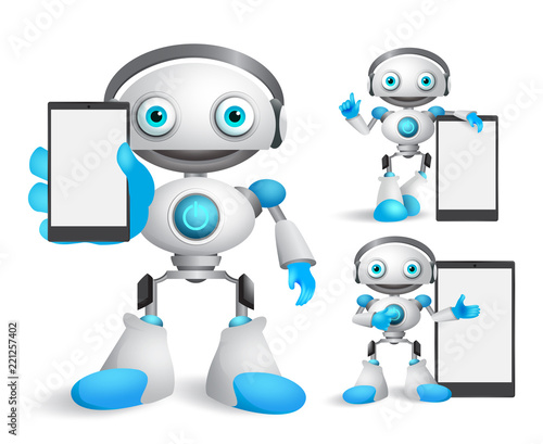 Robot vector characters set holding mobile phone  gadget with empty blank white screen for text and technology informations. Android mascot vector illustration.
