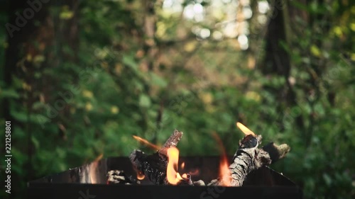 The Wood Branches Burning In The Braizer. Slow Motion.